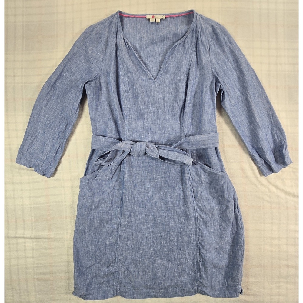 Boden Kelsey 100% Linen Dress Belted Pockets Coastal Chambray Blue Womens 10R